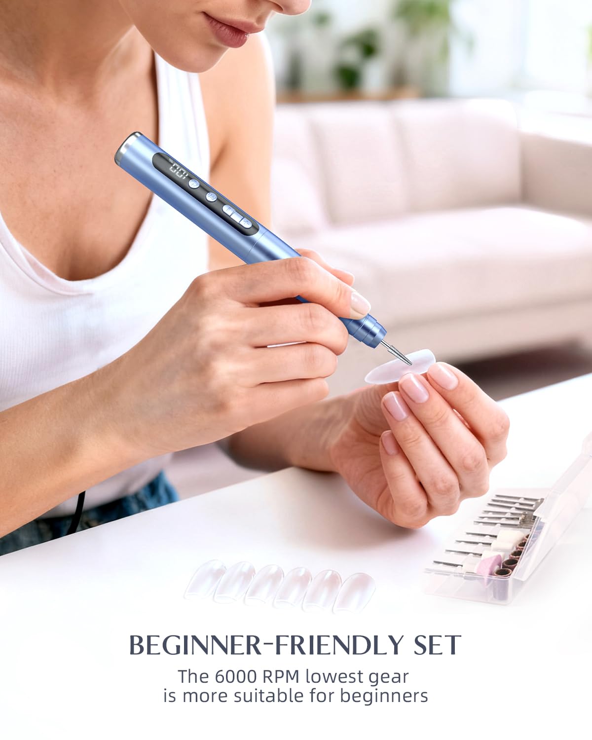 Anti-slip silicone sleeve provides secure grip during nail work with JOREST kit.