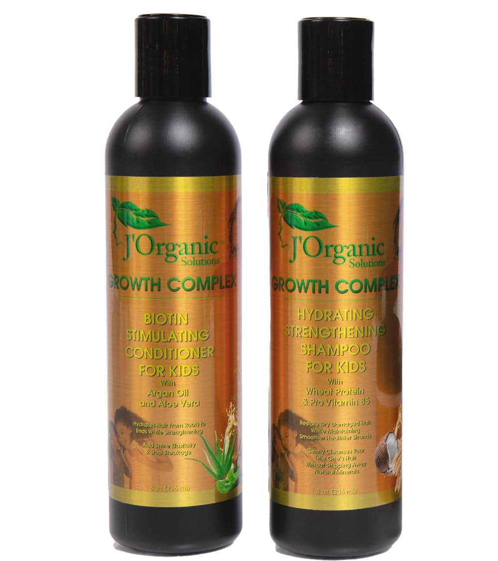 J' Organic Solutions Biotin Hydrating Shampoo bottle pour for gentle kid-friendly cleansing.