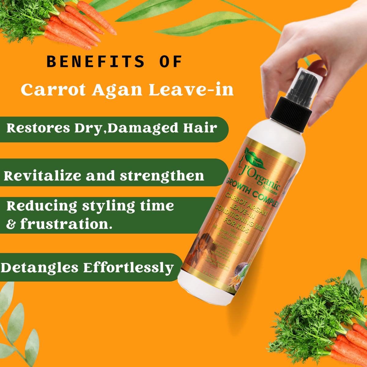 J'Organic Solutions curly hair detangler with Jamaican Black Castor and coconut oils.