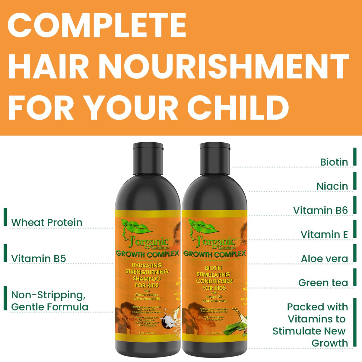 J' Organic Solutions Strengthening Conditioner bottle to emphasize nourishing biotin and vitamins.