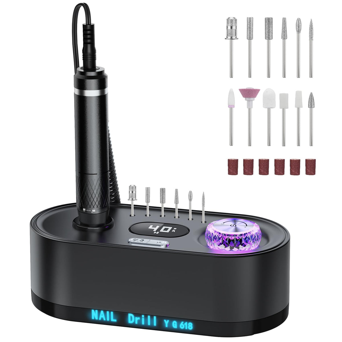 JOSGLOI electric nail drill display shows speed and direction for precise filing