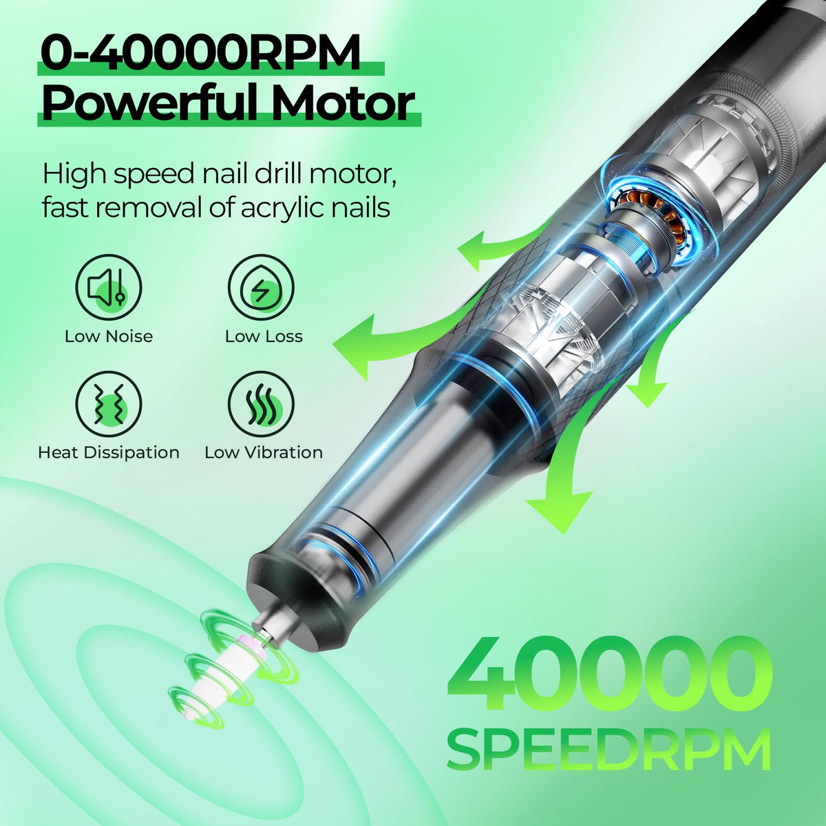 Close view of nail drill with built-in six-hole bit storage