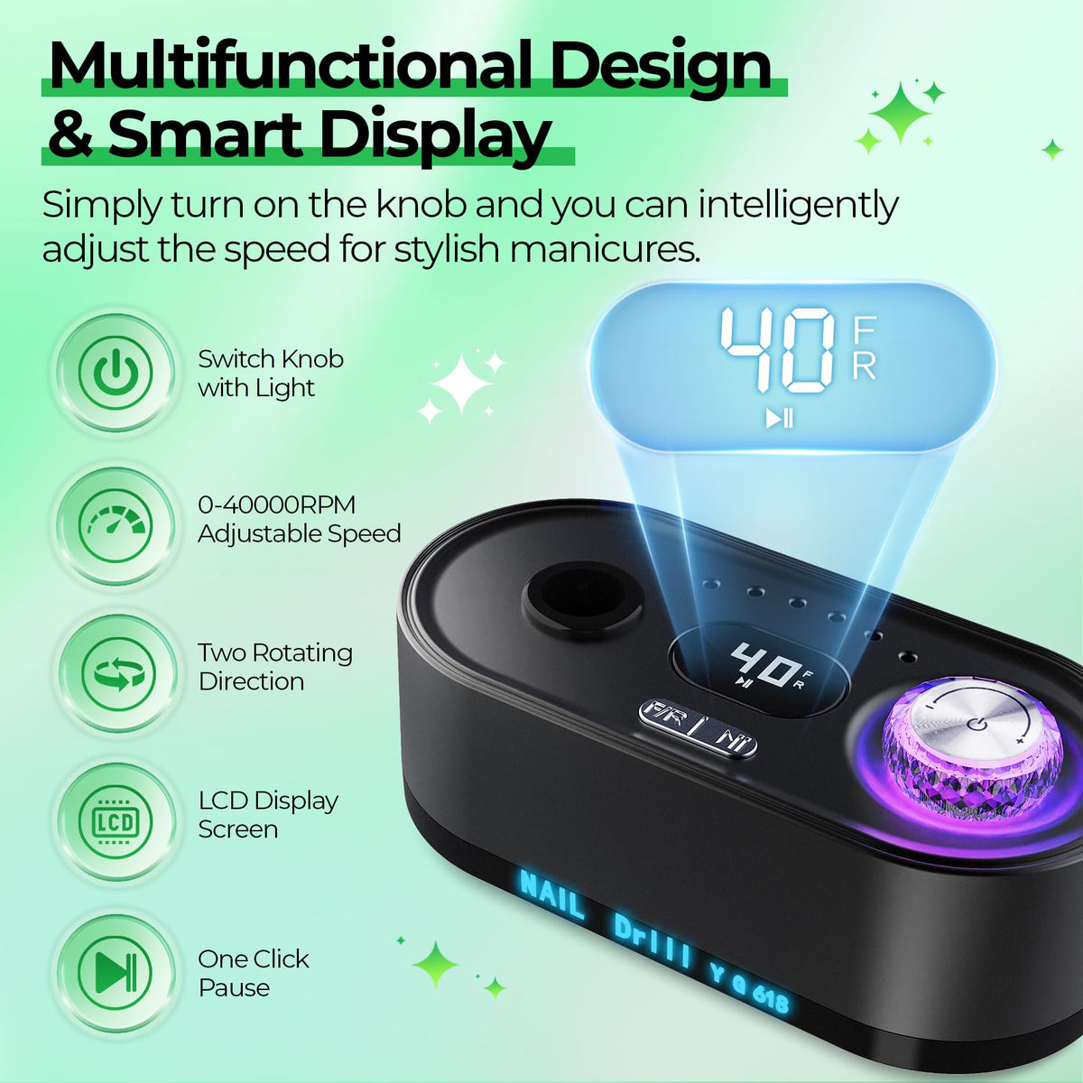 Nail drill USB charging port beside the speed control