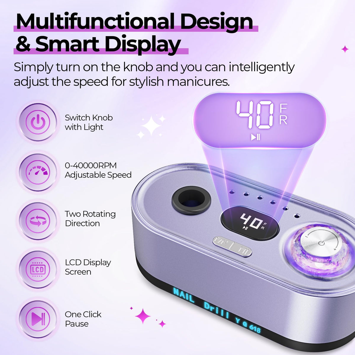 JOSGLOI nail drill with USB charging port for convenient device charging.