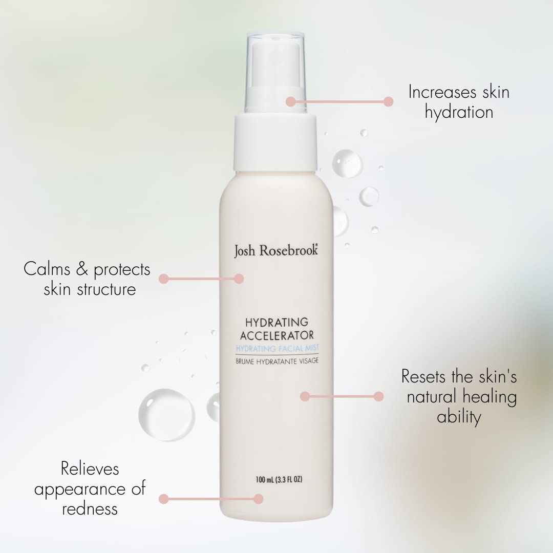 Josh Rosebrook Hydrating Accelerator face application demonstrates refreshing mist on skin.