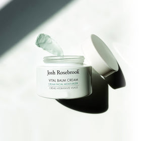 Josh Rosebrook Vital Balm Cream dewy finish offers gentle radiance.