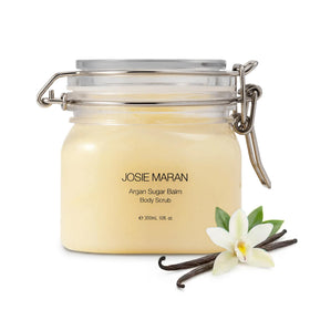 Josie Maran Argan Sugar Balm scrub jar highlights gentle exfoliation and hydration