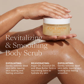 Josie Maran Scrub label highlights vegan, cruelty-free formulation and pure ingredients.
