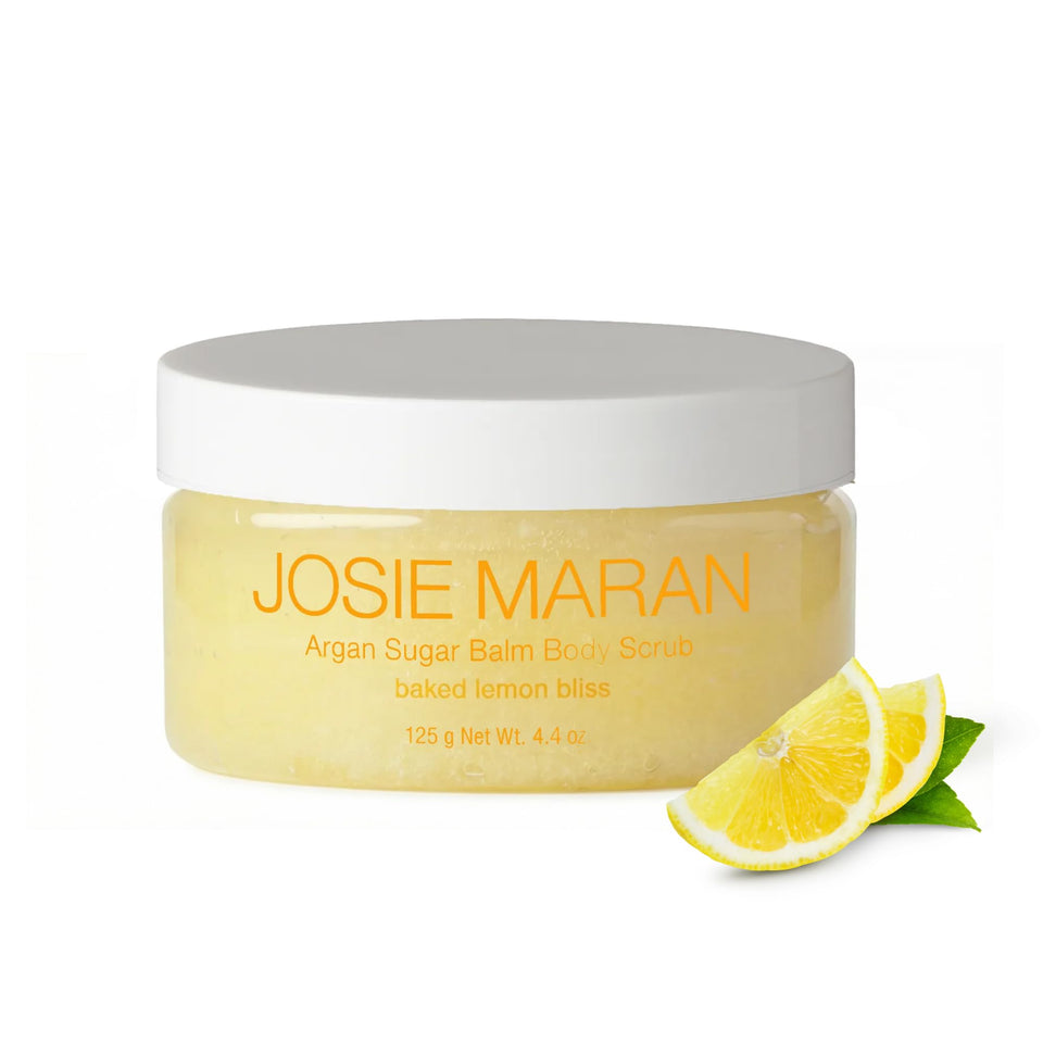 Josie Maran Argan Sugar Balm Scrub tub with lemony scent promising hydrating, smooth skin.