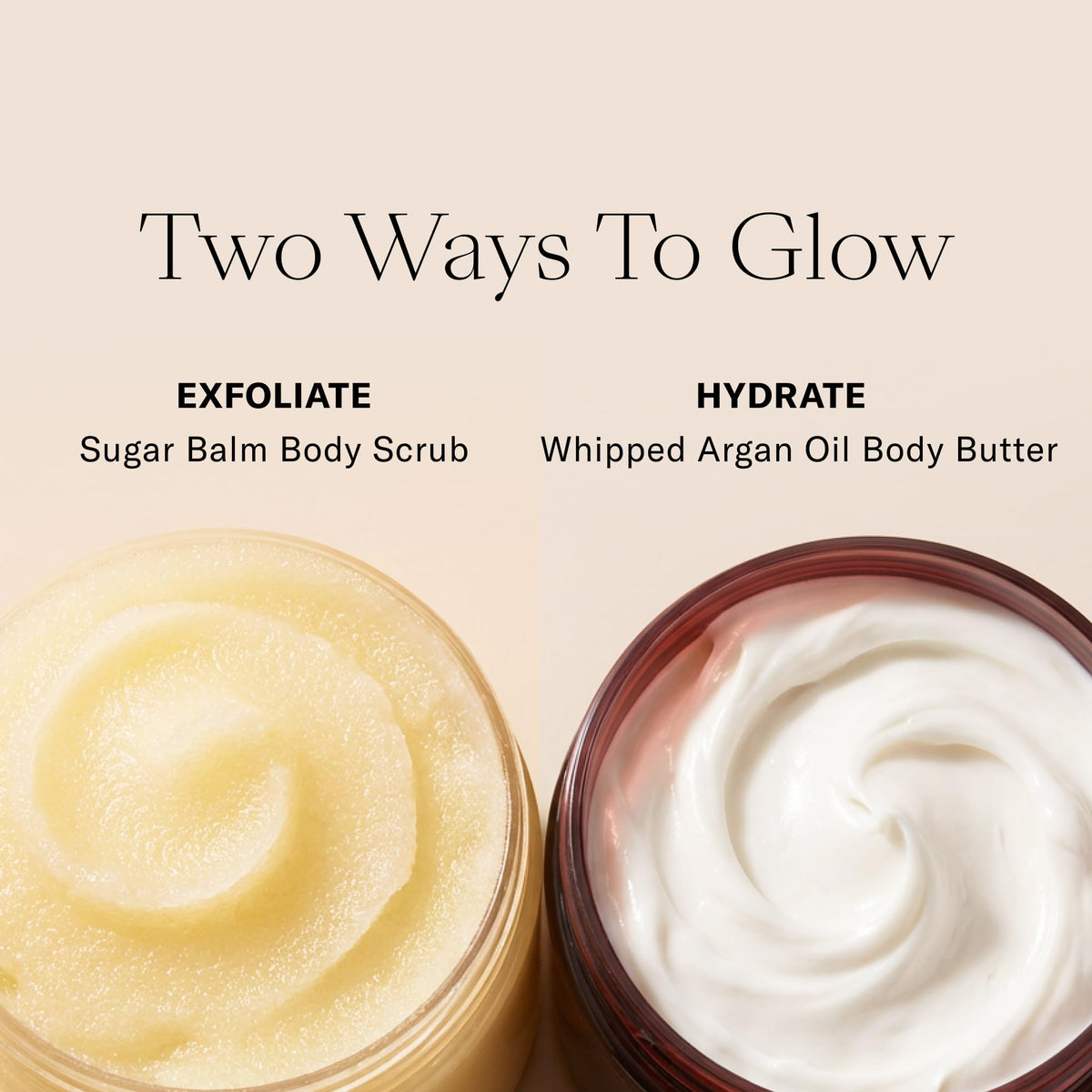 Josie Maran Argan Sugar Balm Scrub paired with Body Butter for hydration.