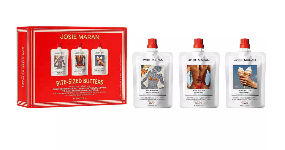 Josie Maran Bite-Sized Butters gift set packaging ideal for travel hydration.