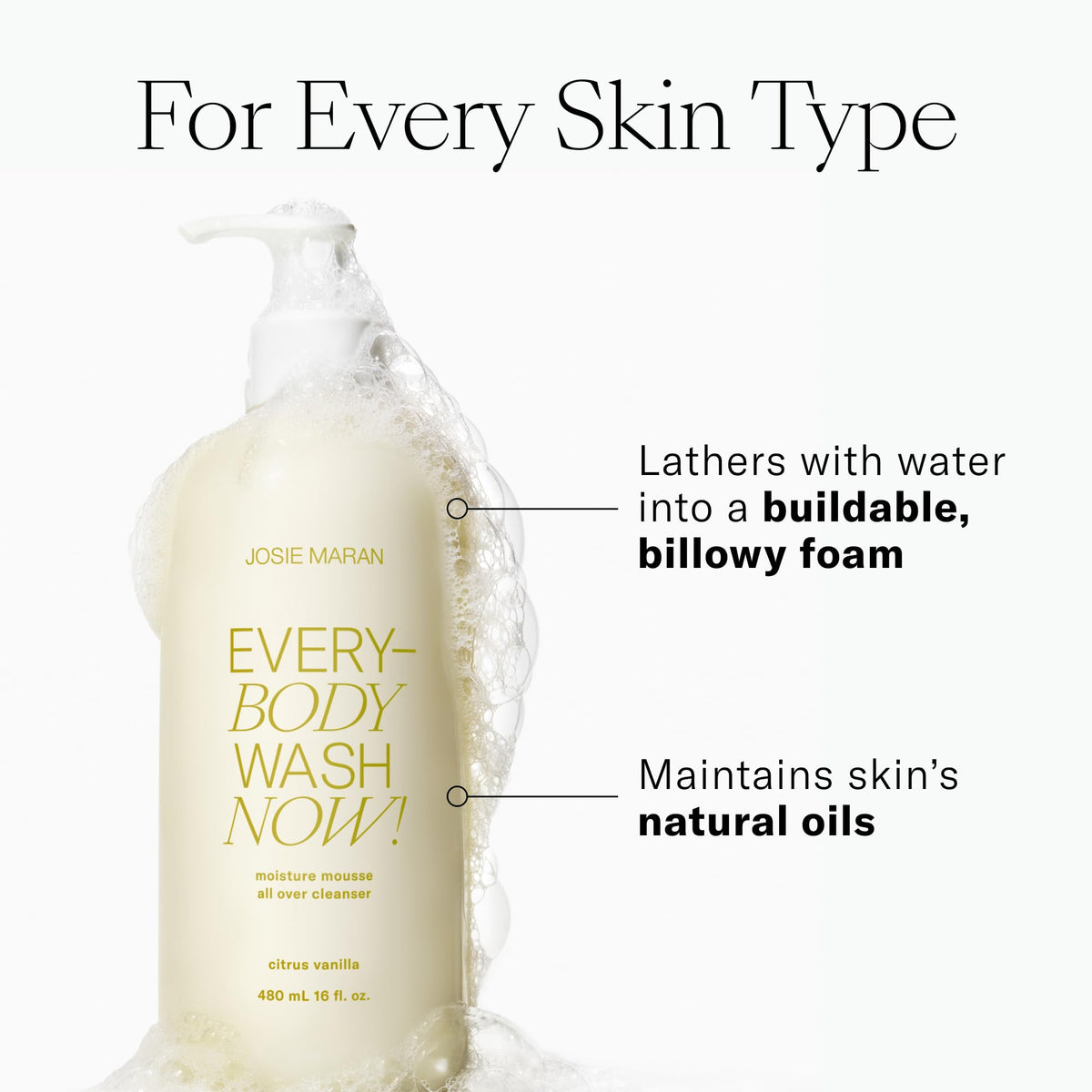 Josie Maran Moisture Mousse Cleanser foam; buildable lather for gentle cleansing