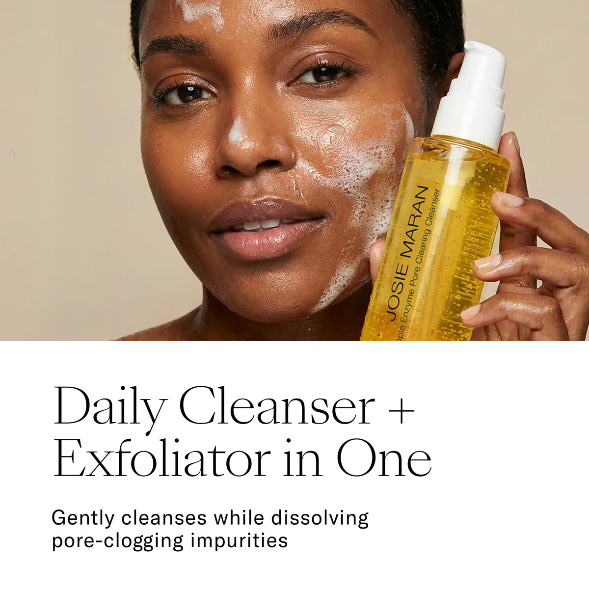 Josie Maran creamy foam cleanser mousse in action for soft cleansing