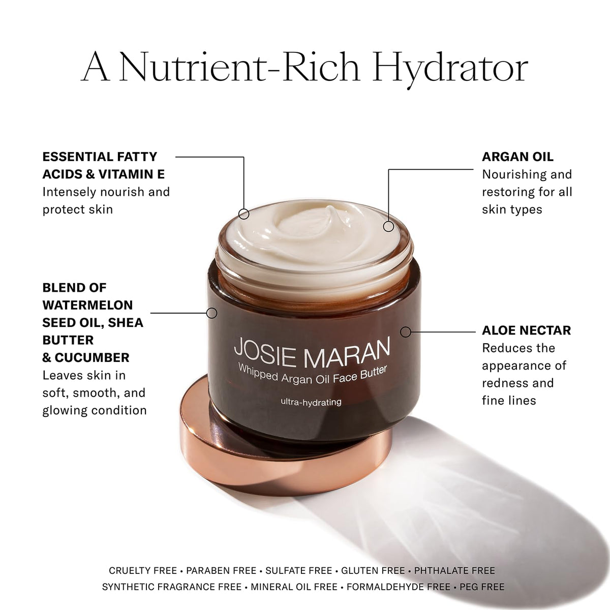 Josie Maran cruelty-free vegan badge on packaging signaling clean beauty values