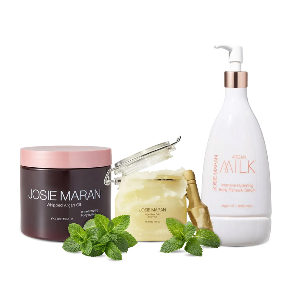 Josie Maran Peppermint Twist Whipped Body Butter jar for deep hydration.