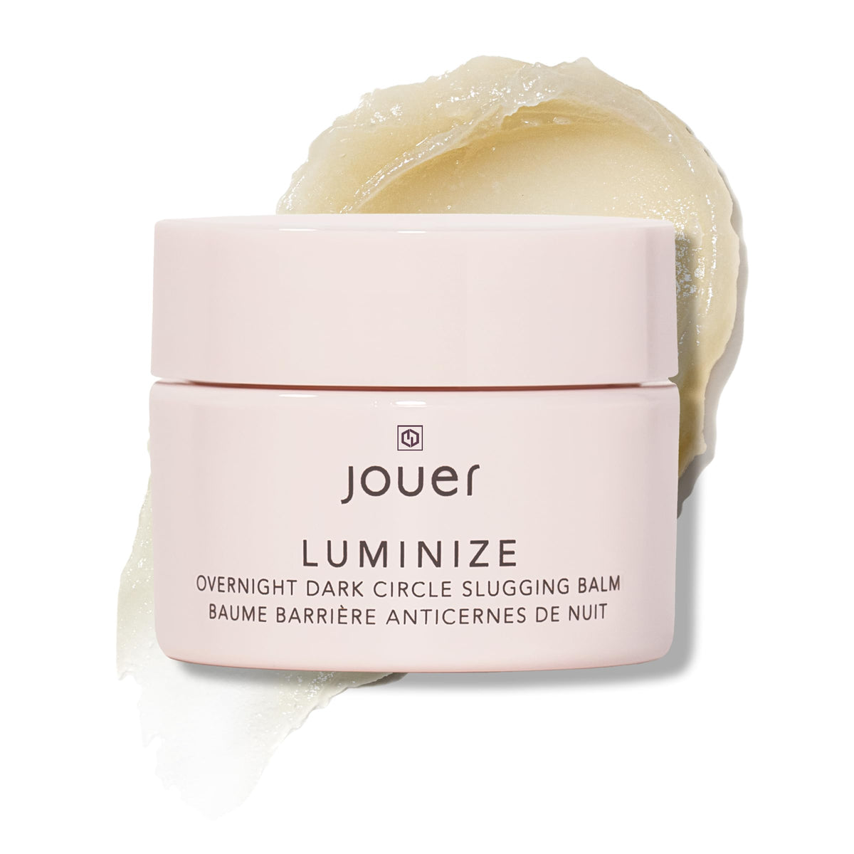 Jouer Luminize Overnight Eye Balm jar, fragrance-free formula for gentle hydration under the eyes.