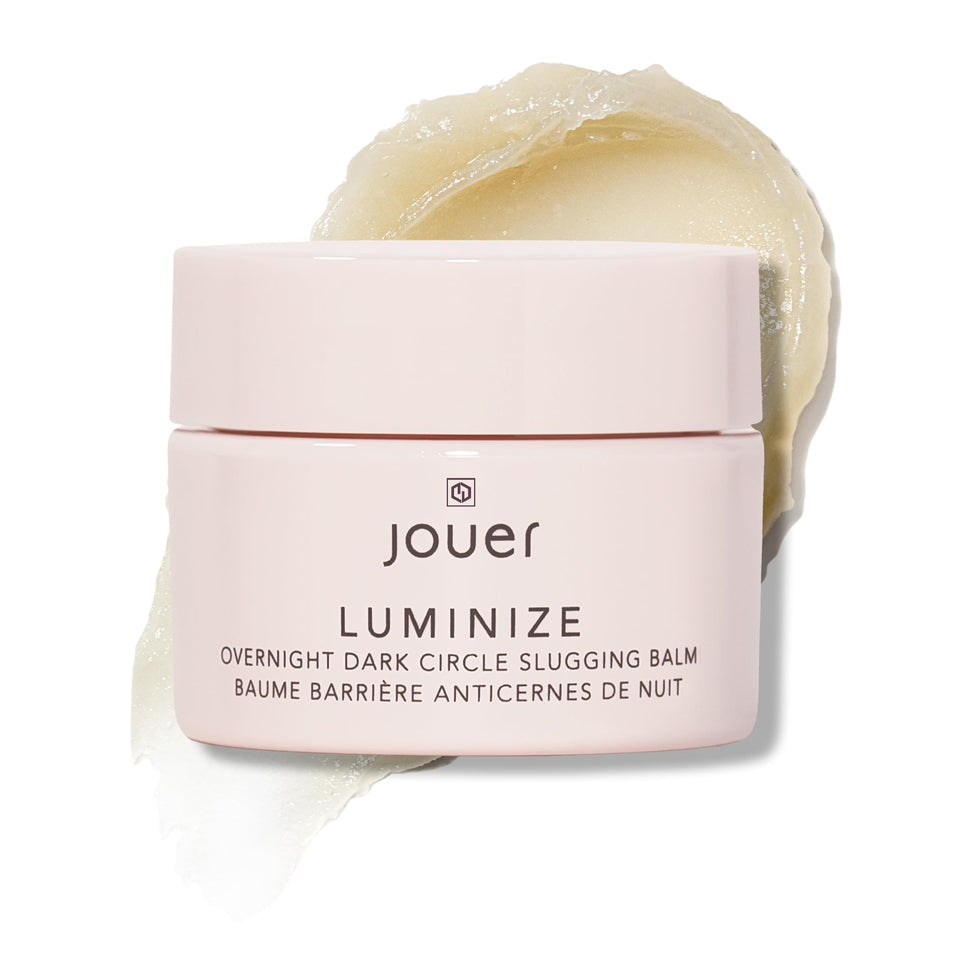 Jouer Luminize Overnight Eye Balm jar, fragrance-free formula for gentle hydration under the eyes.