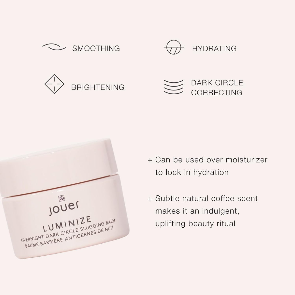 Jouer Luminize under-eye application showing caffeine for potential puffiness relief.