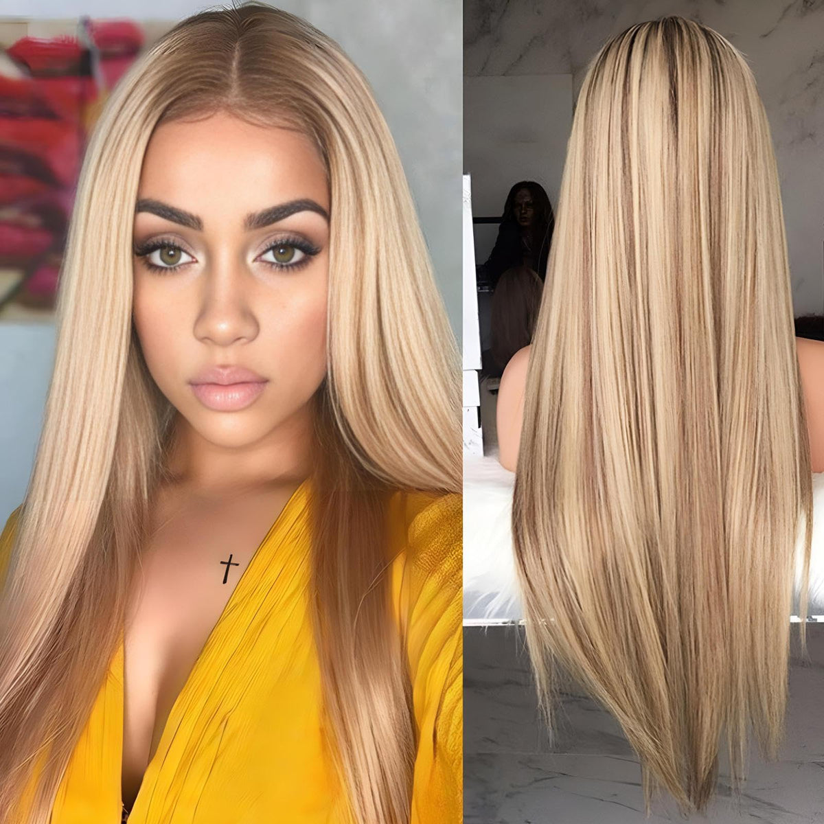 JOUKAYEA color closeup of blonde highlights and brown roots