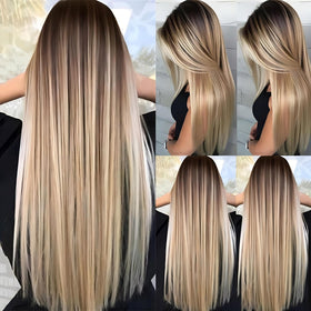 JOUKAYEA wig front view shows natural ombre tones and roots