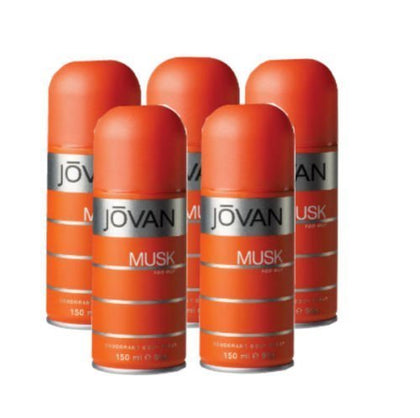 Jovan Musk deodorant body spray bottle shows signature scent for all-day freshness