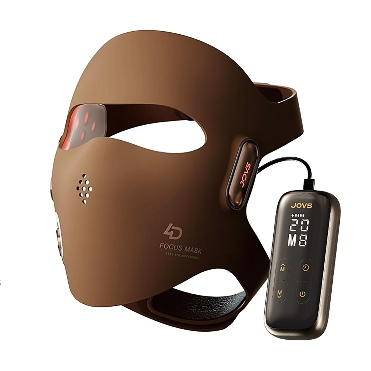 JOVS 4D mask front view highlighting cordless portability for at-home sessions.