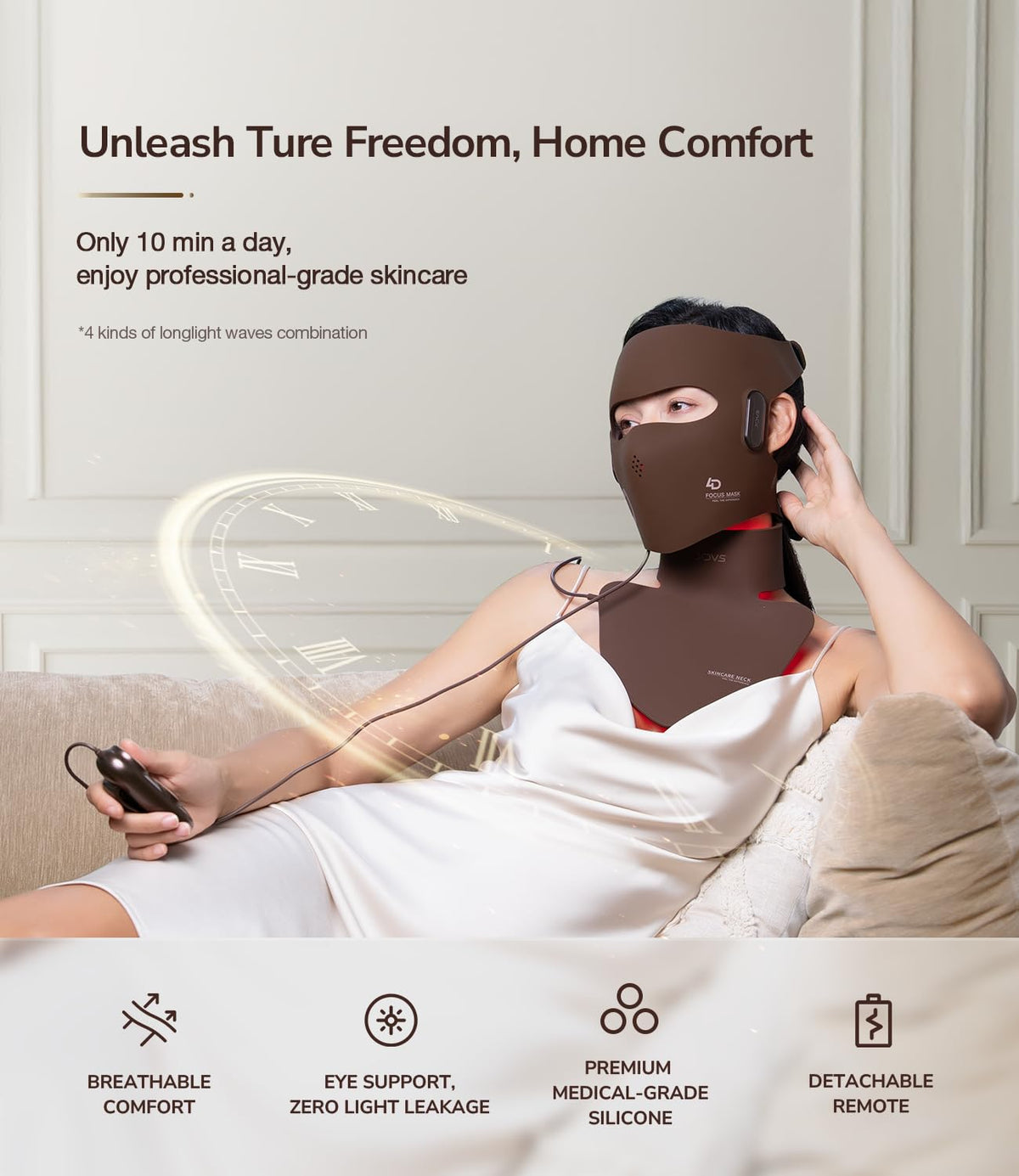 JOVS 4D Laser Therapy Mask with 140 beams shows even coverage for a consistent glow across the face.