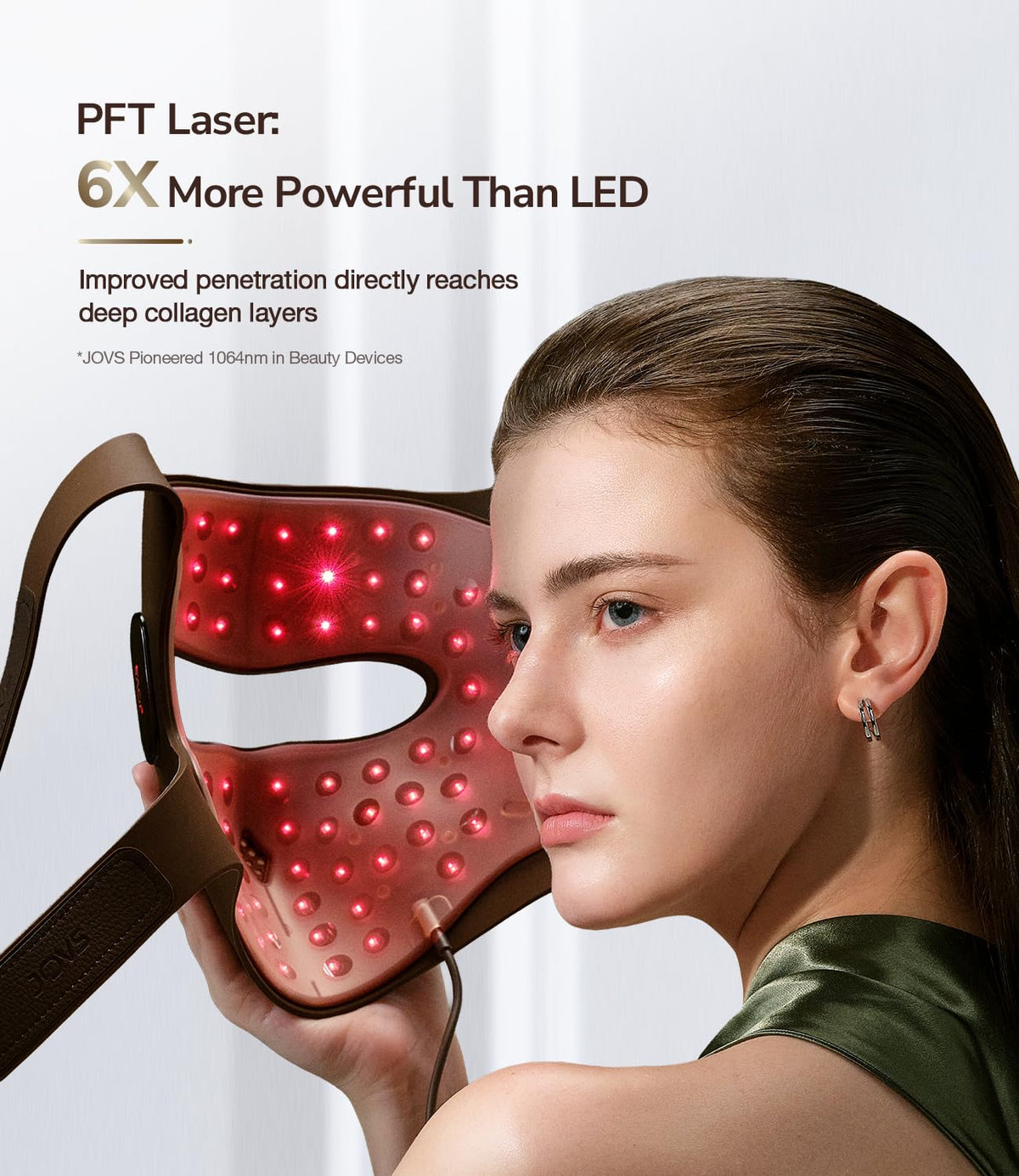 JOVS 4D Laser Therapy Mask curve design emphasizes intimate fit for targeted results across facial zones.