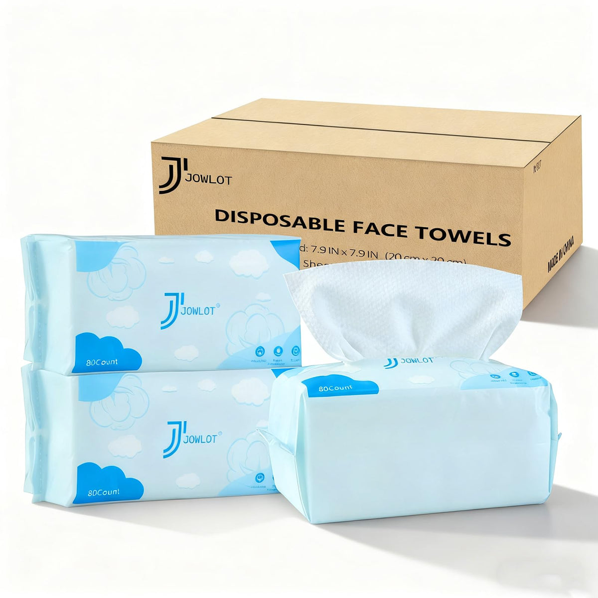 JOWLOT disposable face towels value-pack box showing convenient storage and bulk value.