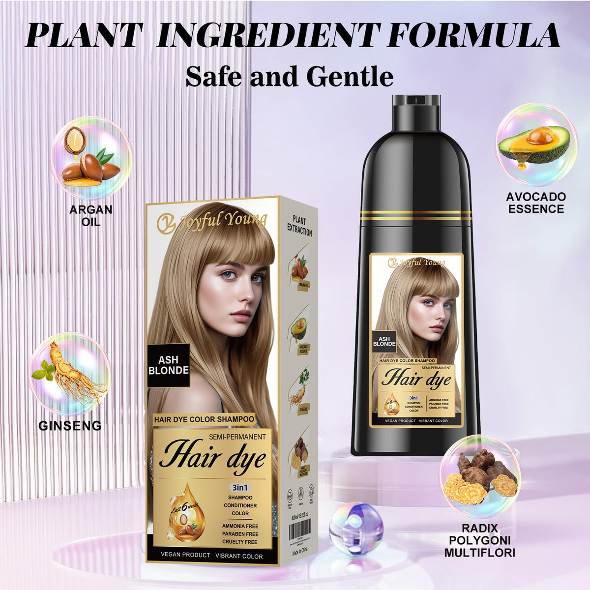 Joyful Young Ash Blonde Shampoo lather cleanses while adding a subtle tint