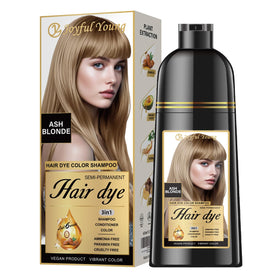 Joyful Young Ash Blonde Shampoo pour showing color deposit for gray blending