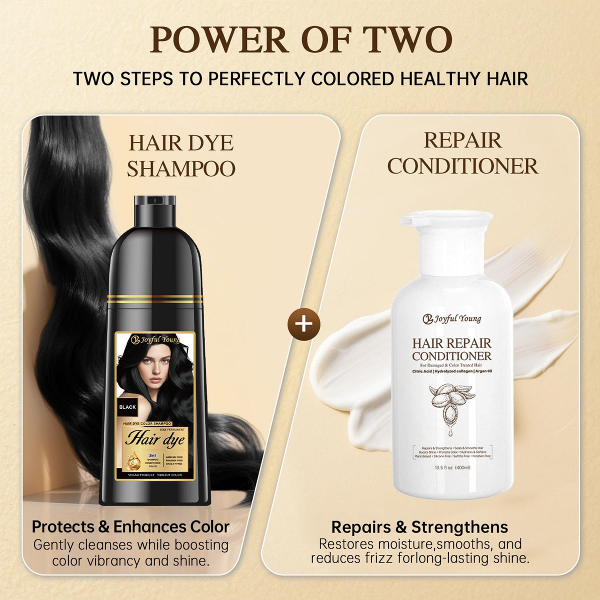 Joyful Young before-after contrast illustrates subtle gray coverage on real hair.