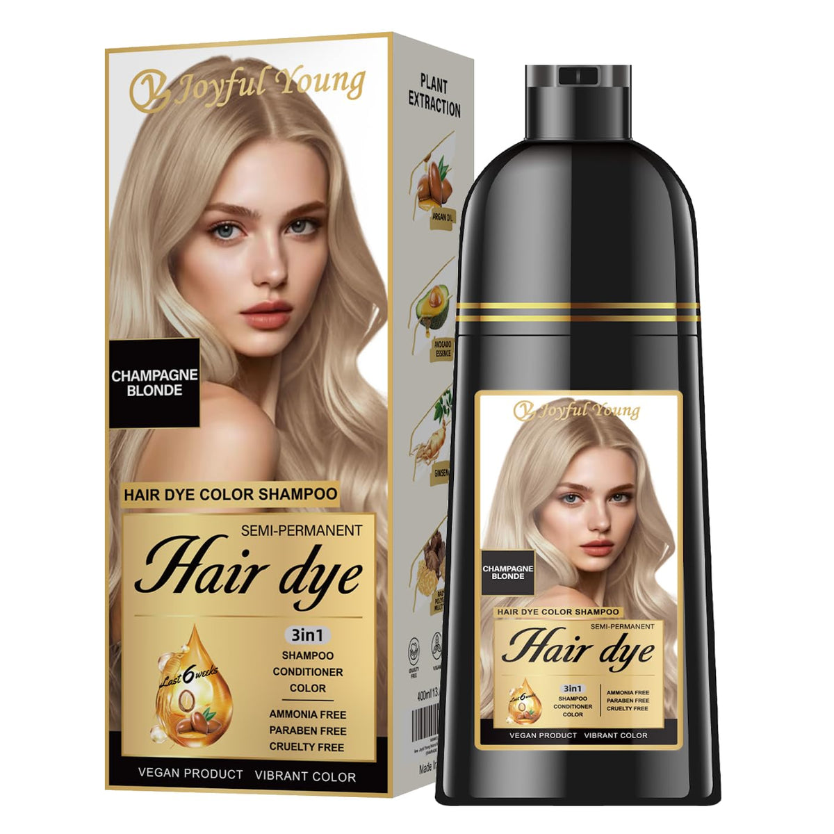Joyful Young Champagne Blonde Shampoo bottle showing 3-in-1 color depositing action for easy at-home color