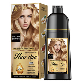 Joyful Young Golden Blonde Shampoo application shows warm color deposit for blending grays at home.