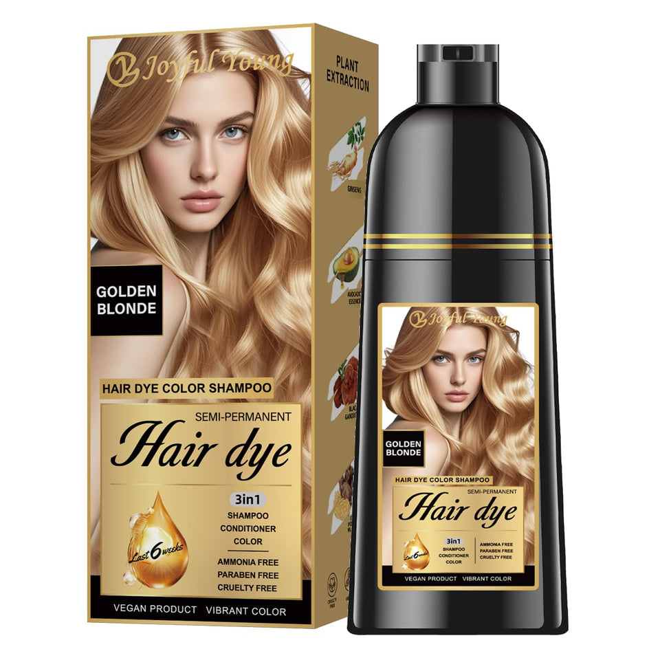Joyful Young Golden Blonde Shampoo application shows warm color deposit for blending grays at home.