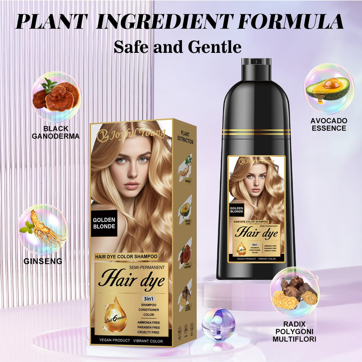 Joyful Young Golden Blonde Shampoo lather demonstrates creamy foam that nourishes while depositing color.