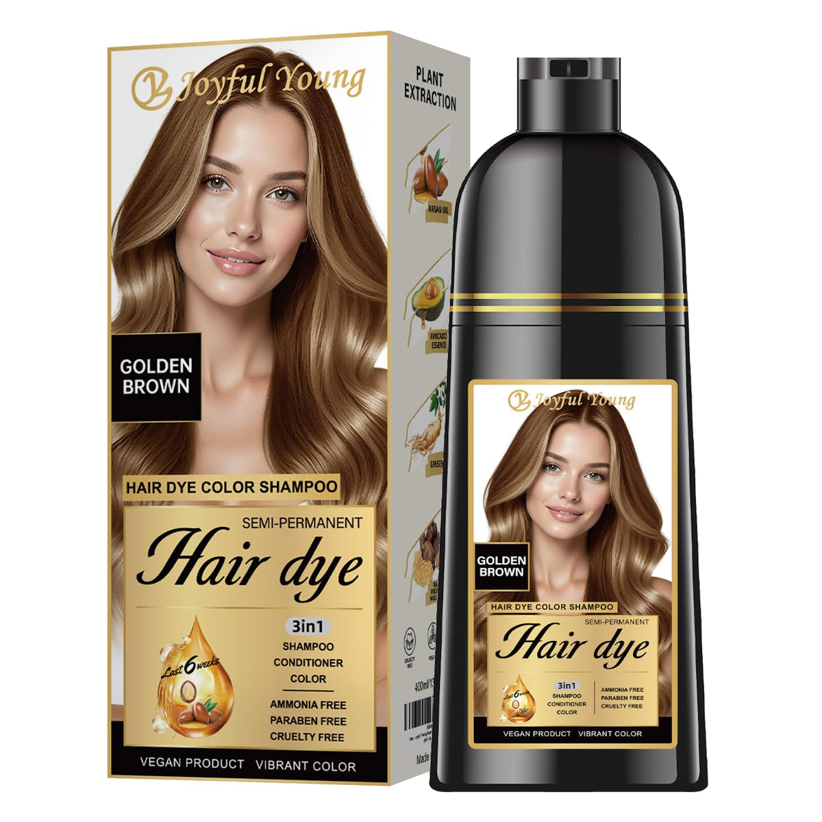 Joyful Young Golden Brown Shampoo packaging highlights vegan, ammonia-free gray blending option
