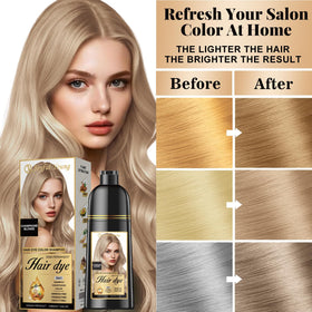 Close-up of gray hair being blended with champagne blonde shade