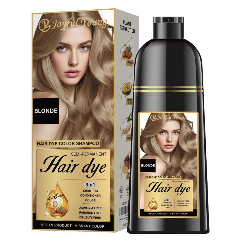 Joyful Young Hair Dye Shampoo bottle shows 3-in-1 color deposit for easy refresh.