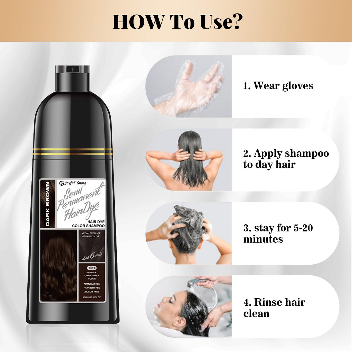 Joyful Young Hair Dye Shampoo color deposits for natural gray coverage.