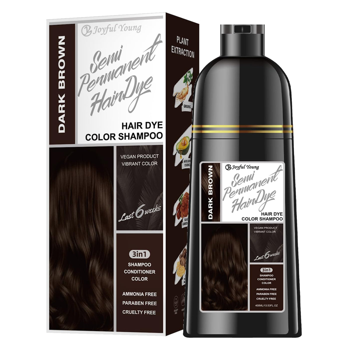 Joyful Young Hair Dye Shampoo deposits dark brown color for gray blending.