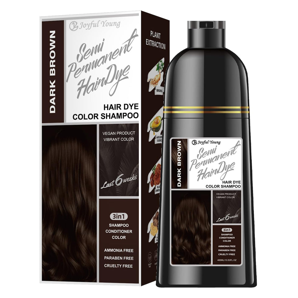 Joyful Young Hair Dye Shampoo deposits dark brown color for gray blending.
