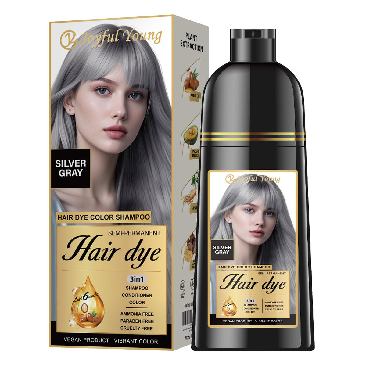 Joyful Young Silver Gray Hair Dye Shampoo bottle for color deposit and gray refresh.