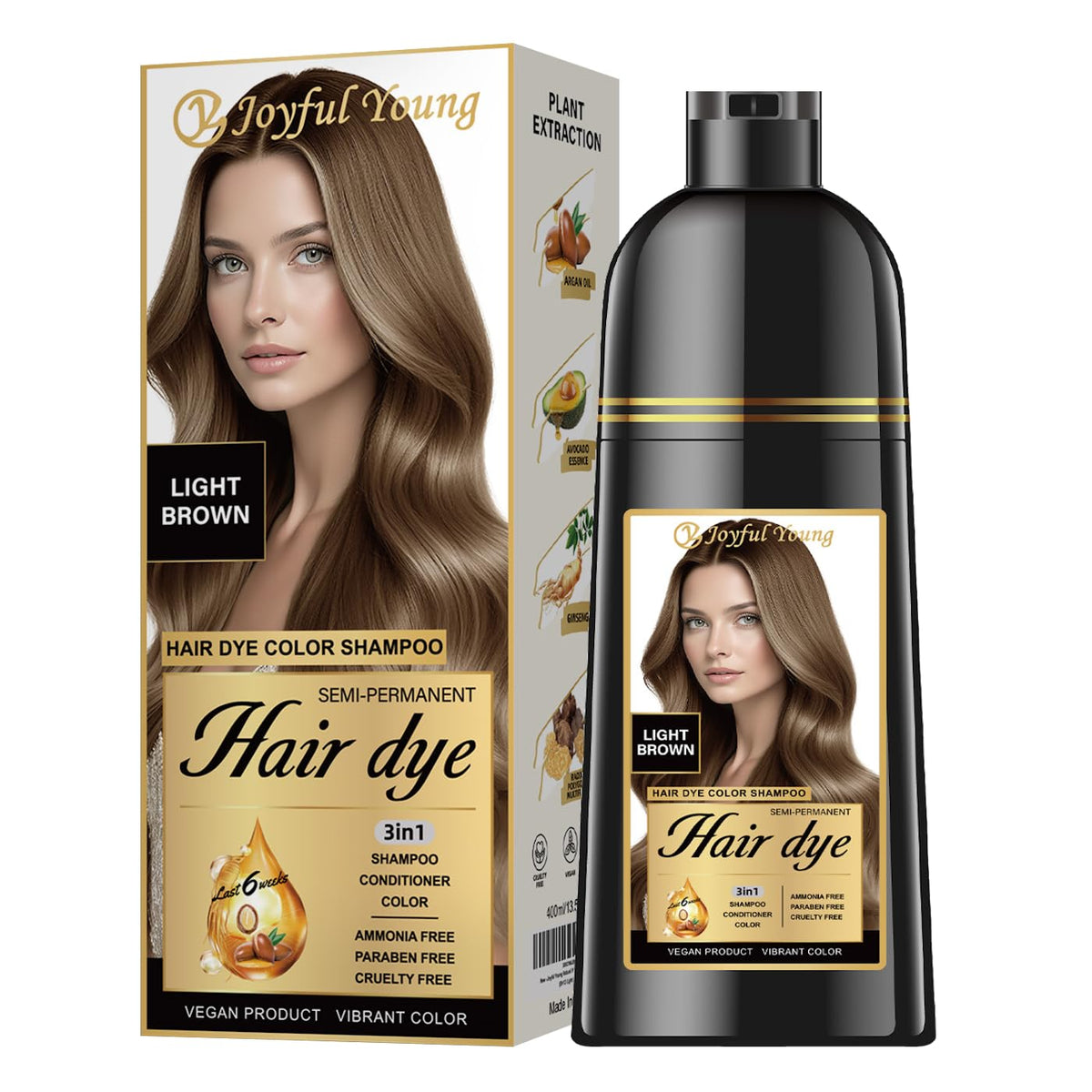 Joyful Young light brown shampoo bottle for natural gray blending.