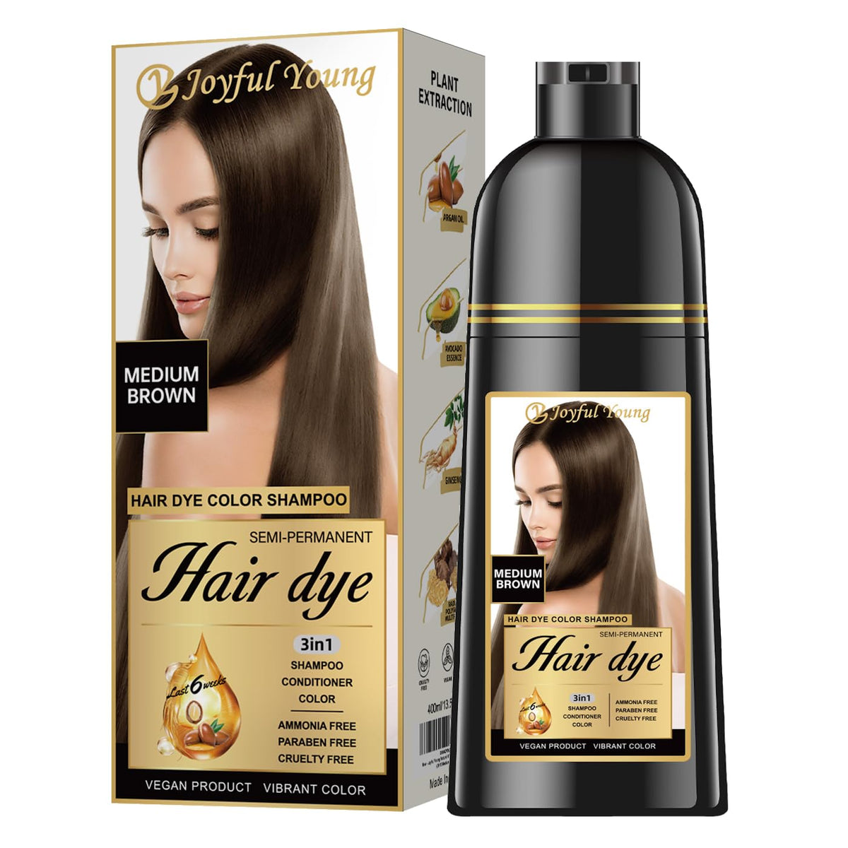 Joyful Young Medium Brown Hair Dye Shampoo bottle showing color depositing for gray blending.