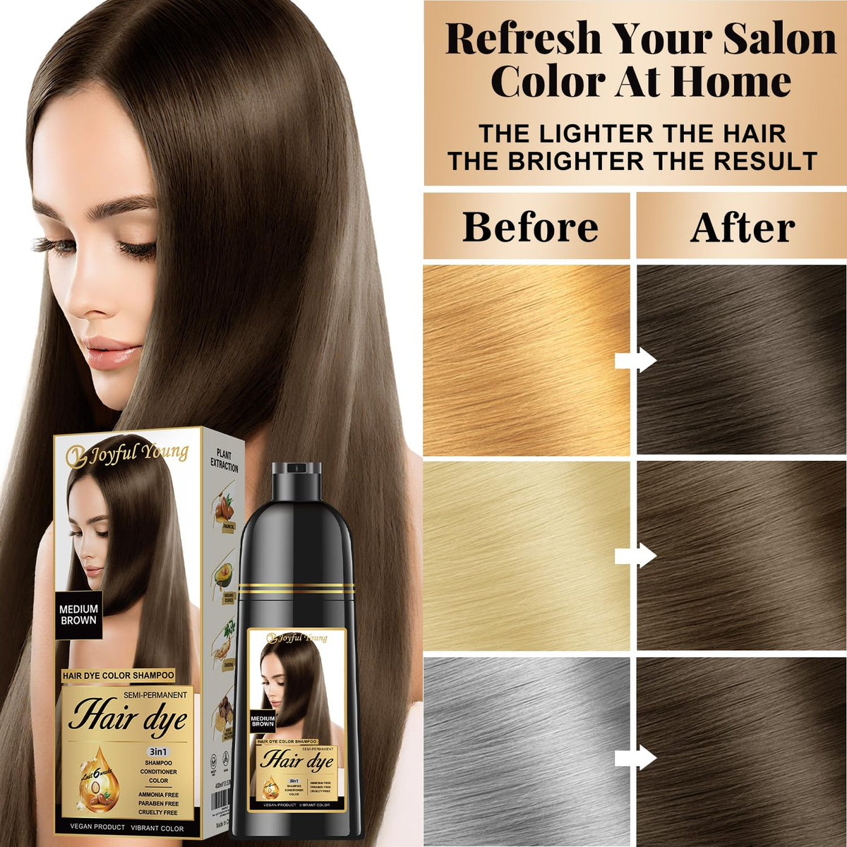 Joyful Young shampoo lather spreads evenly to create a natural brown tone.