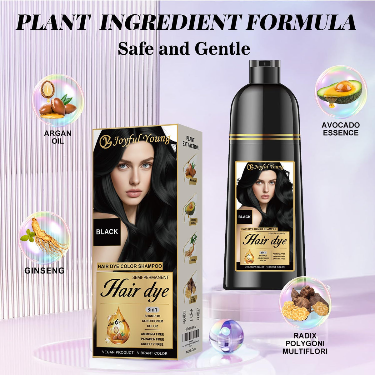 Joyful Young shampoo lather reveals deep black color for natural coverage.