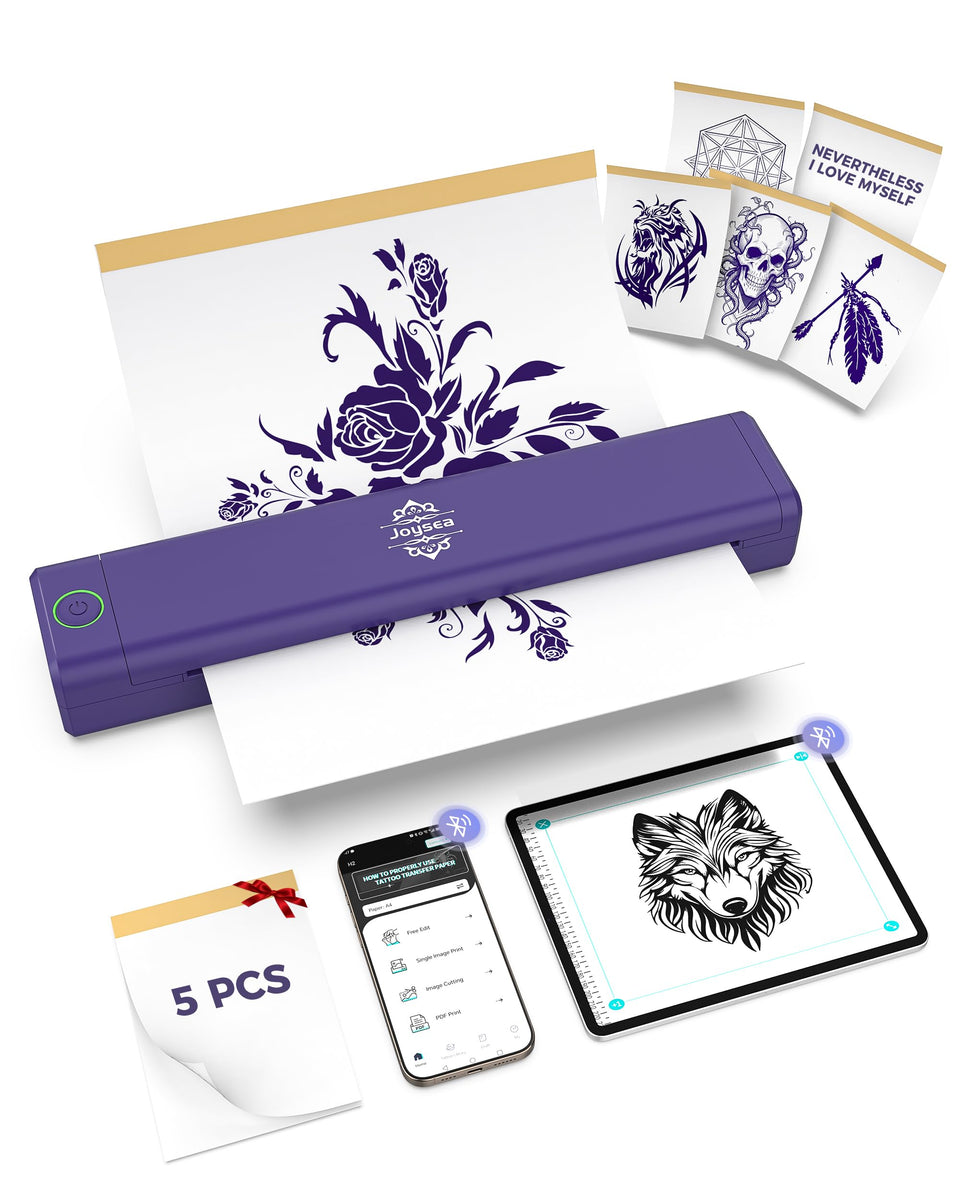 Joysea Tattoo Printer H2 on table prints designs wirelessly from mobile devices.