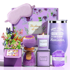 Joyvella lavender spa gift set packaging in elegant purple, ready for gifting.