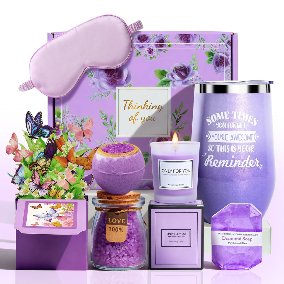 Joyvella lavender spa gift set packaging in elegant purple, ready for gifting.
